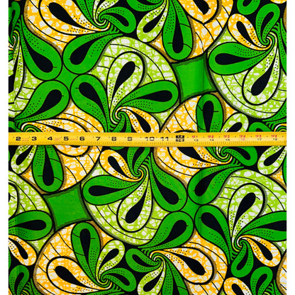 African Print Fabric/ Ankara - Green, Yellow 'Shakara Spin' Design