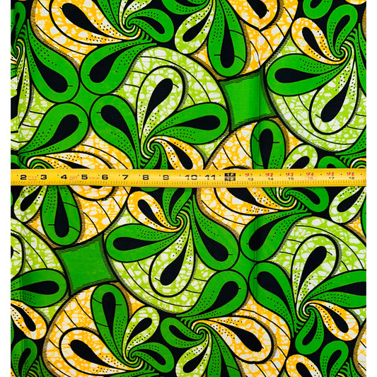 African Print Fabric/ Ankara - Green, Yellow 'Shakara Spin' Design