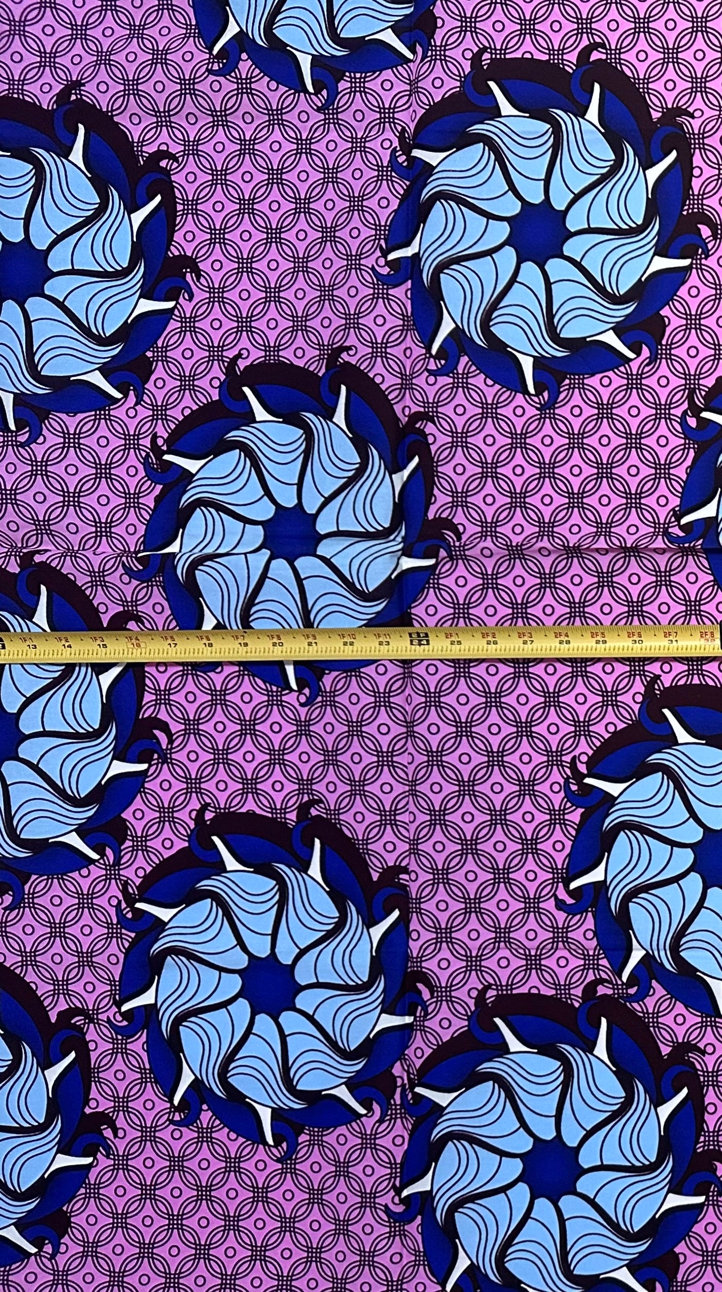 African Print Fabric/ Ankara - Pink, Blue, Brown 'Oyo Rosette,' 1 YARD