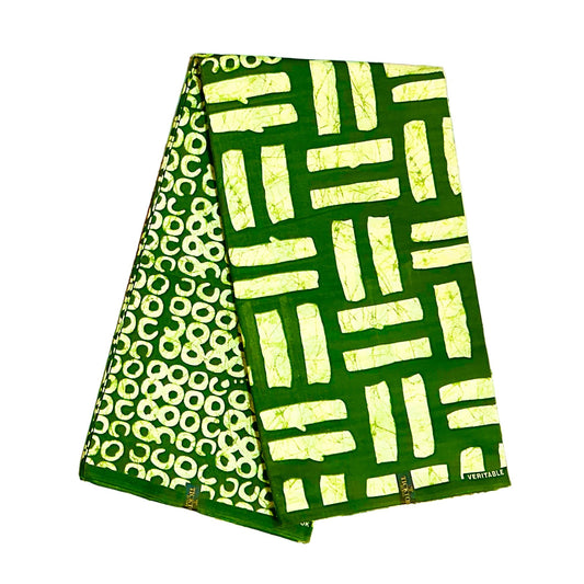African Print Fabric/ Ankara - Green, Cream 'Aso Koto Lines' Design, YARD or WHOLESALE