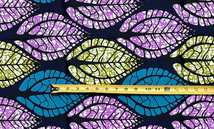 African Print Fabric/Ankara - Purple, Blue, Green “Leafy Ways" Design, 1 Yard