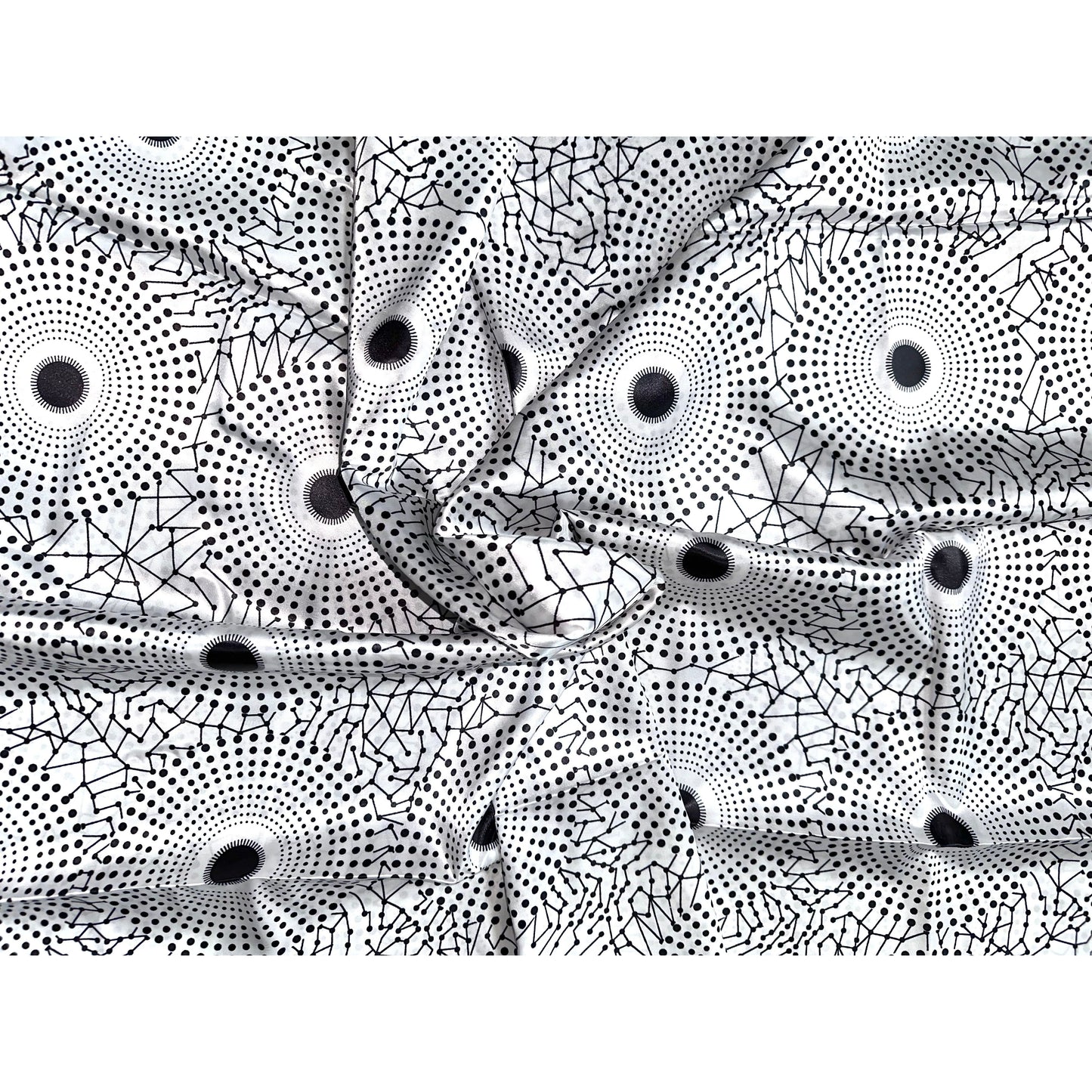 African Print, Satin Fabric- Black, White "Bullseye", Yard or Wholesale