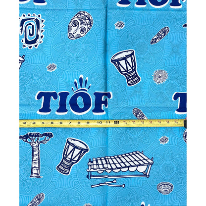 African Print Fabric/ Ankara - Blue, White ‘Tiof Drums of Africa' Design, YARD