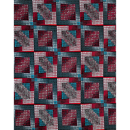 African Print Fabric/ Ankara - Teal, Red, Black ‘Isiagu Block' Design, 1 YARD
