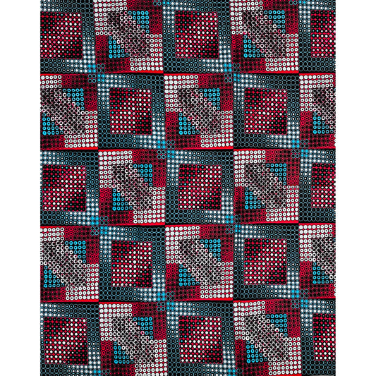 African Print Fabric/ Ankara - Teal, Red, Black ‘Isiagu Block' Design, 1 YARD