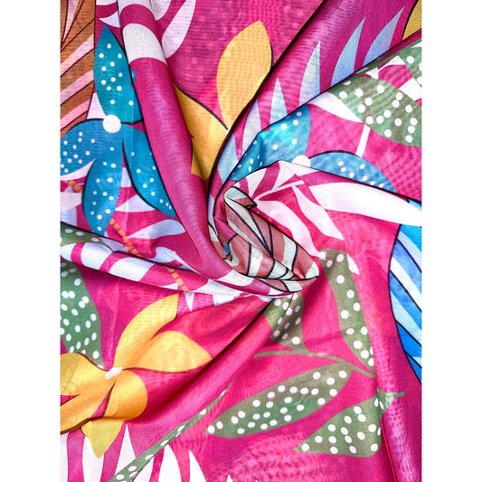 African Print, Chiffon Fabric - Pink, Orange, Green "Athilah’s Garden", ~2 Yards