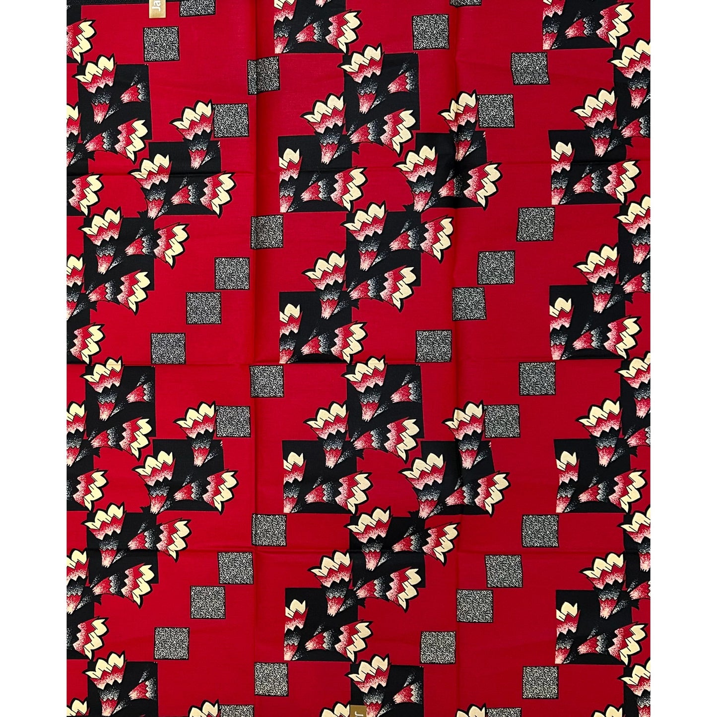 African Print Fabric/ Ankara - Red, Black, Cream 'Ina Burst,’ 1 YARD