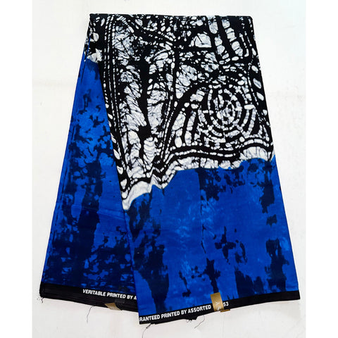 African Print Fabric/Ankara - Blue, White, Black, Gray "Azure Crest" Design, YARD or WHOLESALE