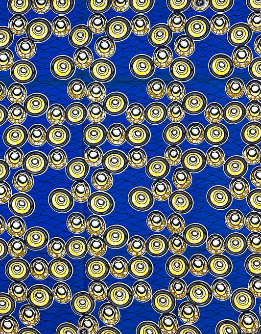 African Print Fabric/ Ankara - Blue, Yellow 'Money Moves in Circles', 1 YARD