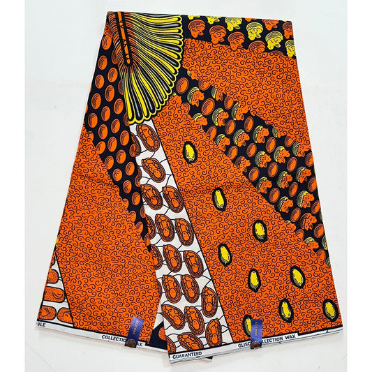 African Print Fabric/ Ankara - Orange, Navy, Yellow 'Blessed Womb', YARD or WHOLESALE