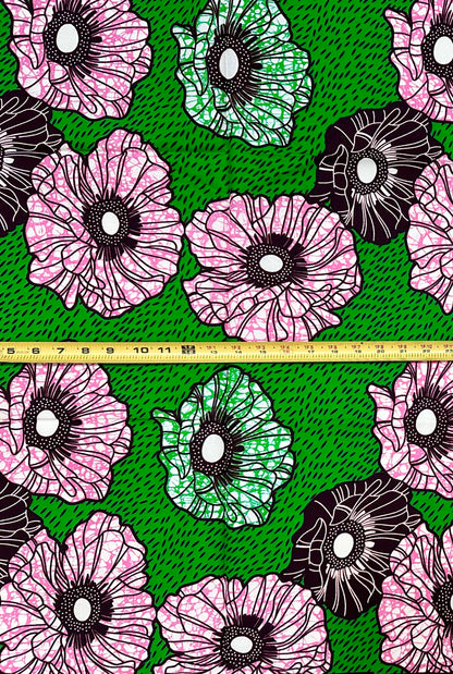 African Print Fabric/ Ankara - Green, Pink, Brown ‘Garden Before Sunrise' Design, 11/12ths YARD