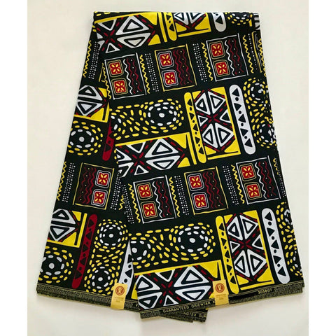 African Print Fabric/ Ankara - Black, Red, White, Yellow “Lesedi,” YARD or WHOLESALE