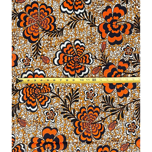 African Print Fabric/ Ankara - Orange, Brown, Navy, Black 'Ayípadà Blooms,’ 1 YARD