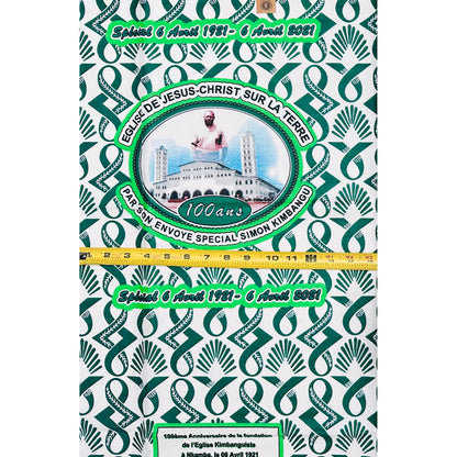 African Print Fabric/ Ankara - Green, White ‘Kimbangu Century of Faith' Design, YARD