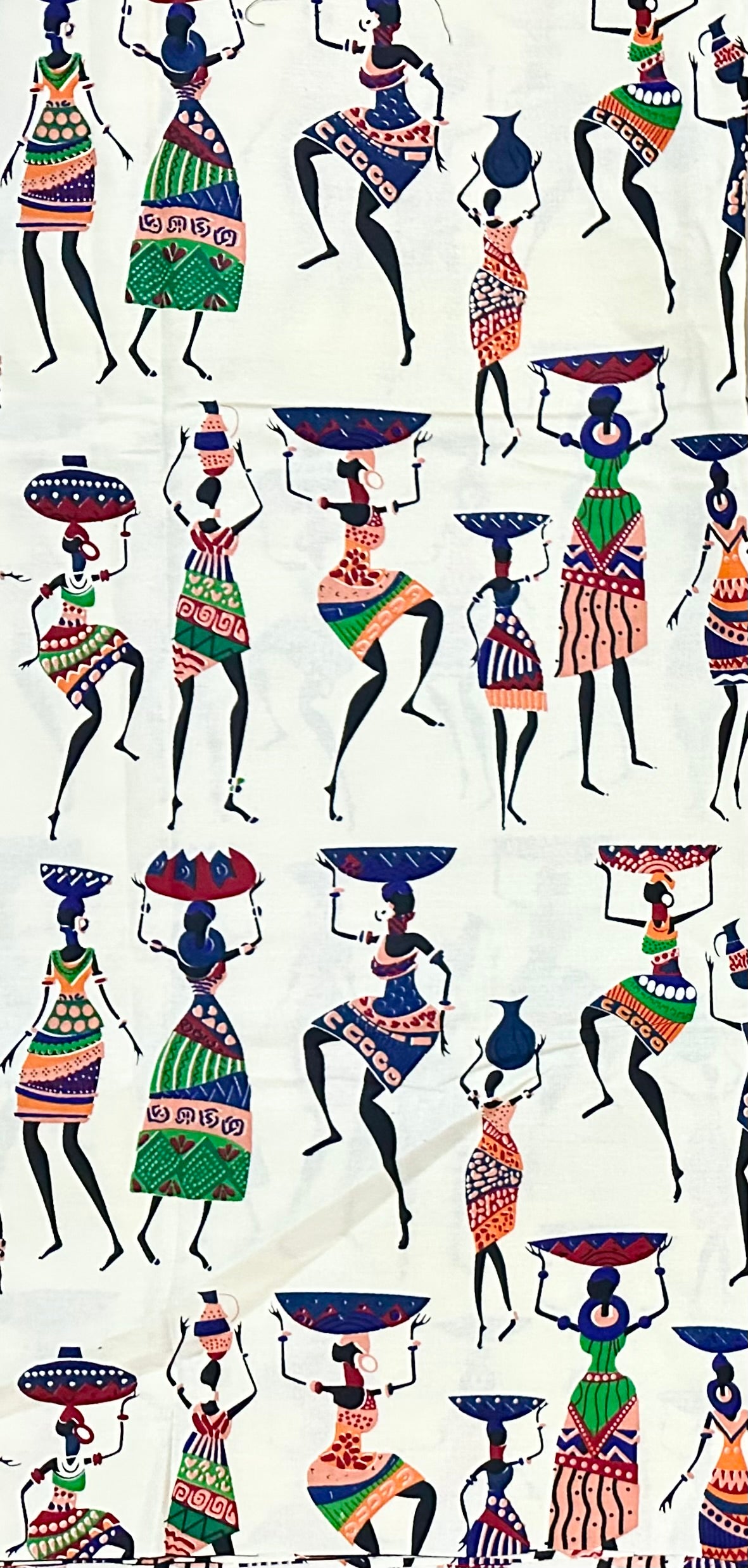 African Print Fabric/ Ankara - Cream, Black, Blue, Green ‘She Carries On' Design, YARD or WHOLESALE