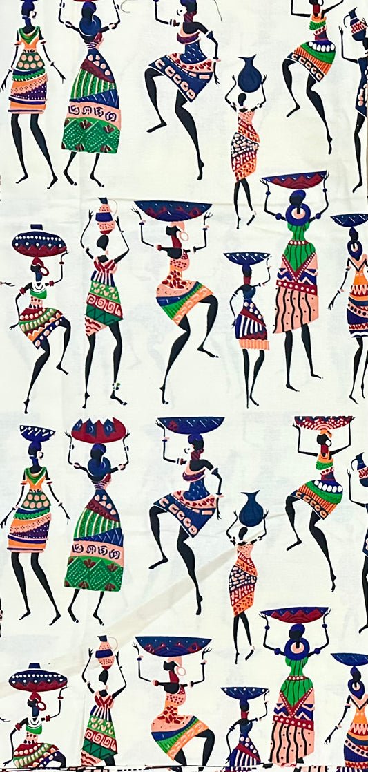 African Print Fabric/ Ankara - Cream, Black, Blue, Green ‘She Carries On' Design, YARD or WHOLESALE