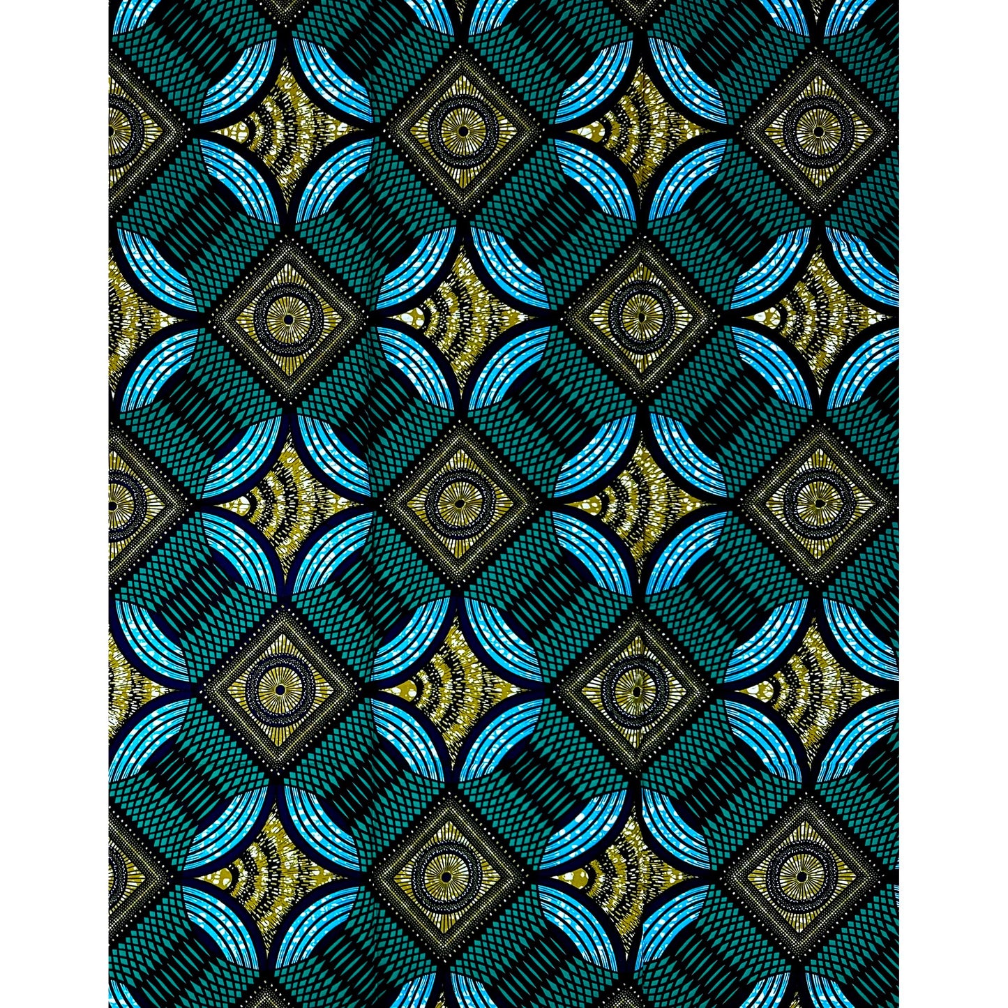 African Print Fabric/ Ankara - Green, Blue, Brown ‘Mami’s Compass' Design, 1 YARD