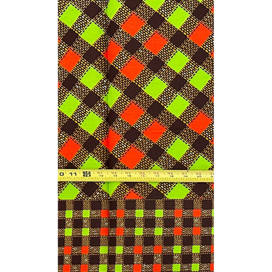 African Print Fabric/ Ankara - Green, Orange, Brown ‘Market After Five' Design, 1 YARD