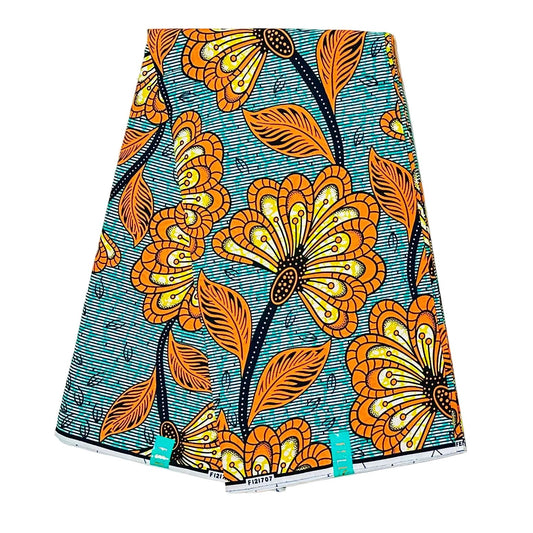 African Print Fabric/ Ankara - Turquoise, Orange, Yellow ‘Bright Side' Design, YARD or WHOLESALE