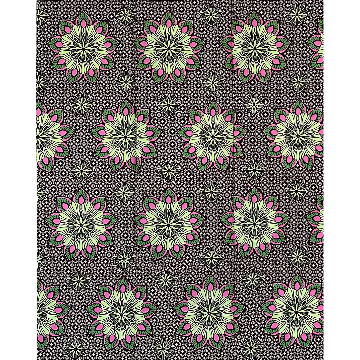 African Print Fabric/ Ankara - Brown, Green, Pink ‘Floral Mandala' Design, 1 YARD