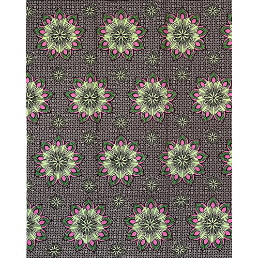 African Print Fabric/ Ankara - Brown, Green, Pink ‘Floral Mandala' Design, 1 YARD