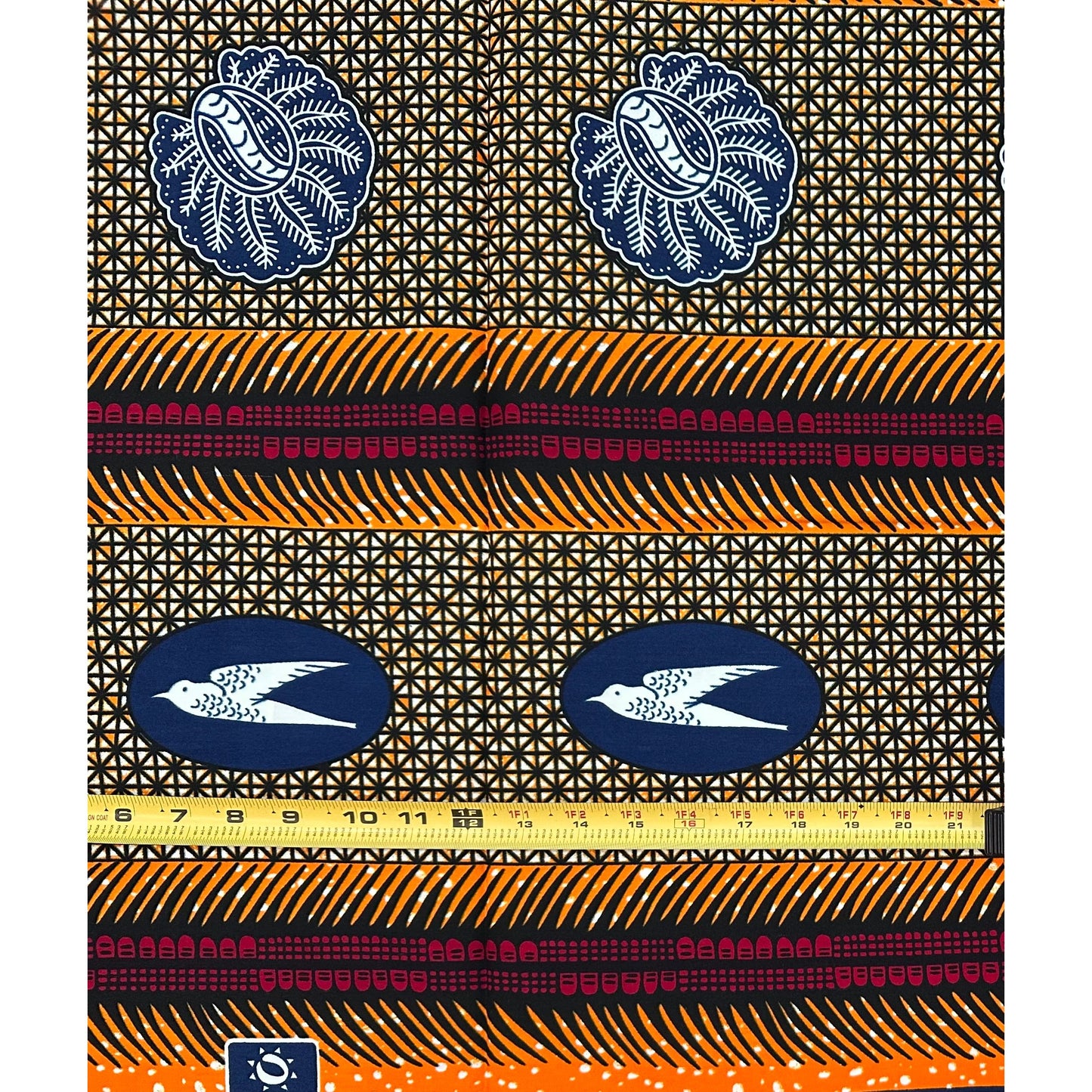 African Print Fabric/Ankara - Orange, Red, Brown, Blue "Messenger from Benin", 1 Yard
