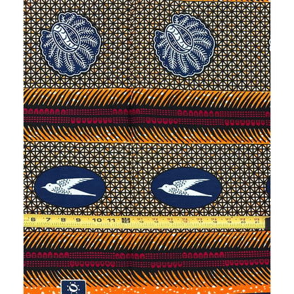 African Print Fabric/Ankara - Orange, Red, Brown, Blue "Messenger from Benin", 1 Yard