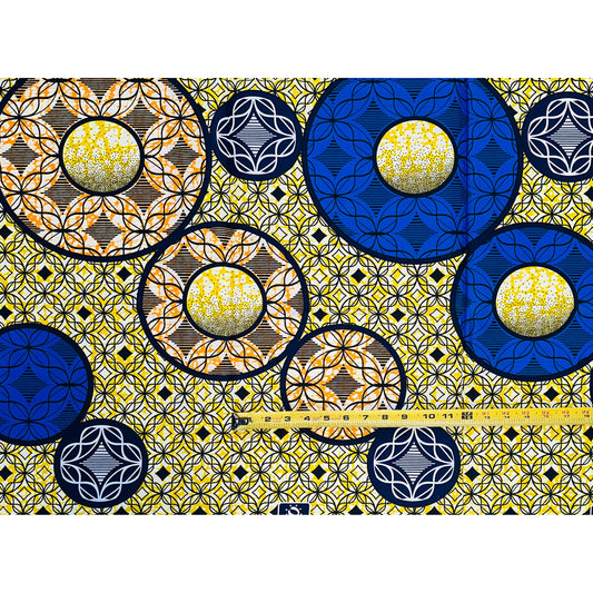 African Print Fabric/ Ankara - Blue, Yellow, Orange 'Life in Circles', YARD or WHOLESALE