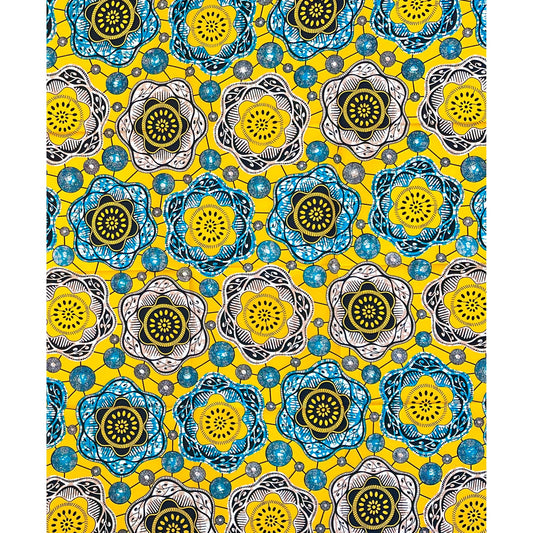African Print Fabric/ Ankara - Yellow, Blue, Brown, Black 'Joy Lives In Circles,' YARD