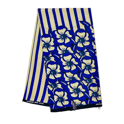 African Print Fabric/ Ankara - Blue, Beige 'Sunday Social' Design, Yard or Wholesale
