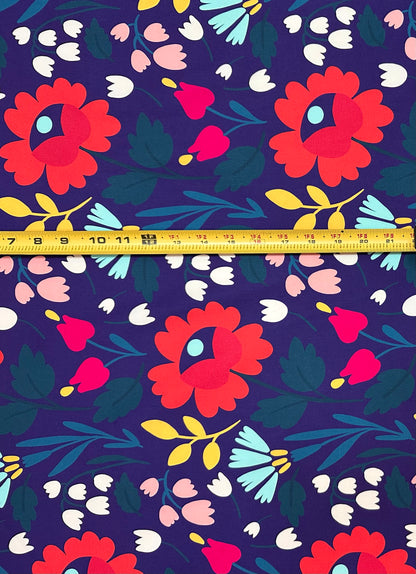 African Print, Stretch Cotton Satin Fabric- Midnight Purple, Green, Red, Yellow "Ìfẹ́ in Bloom" Per Yard