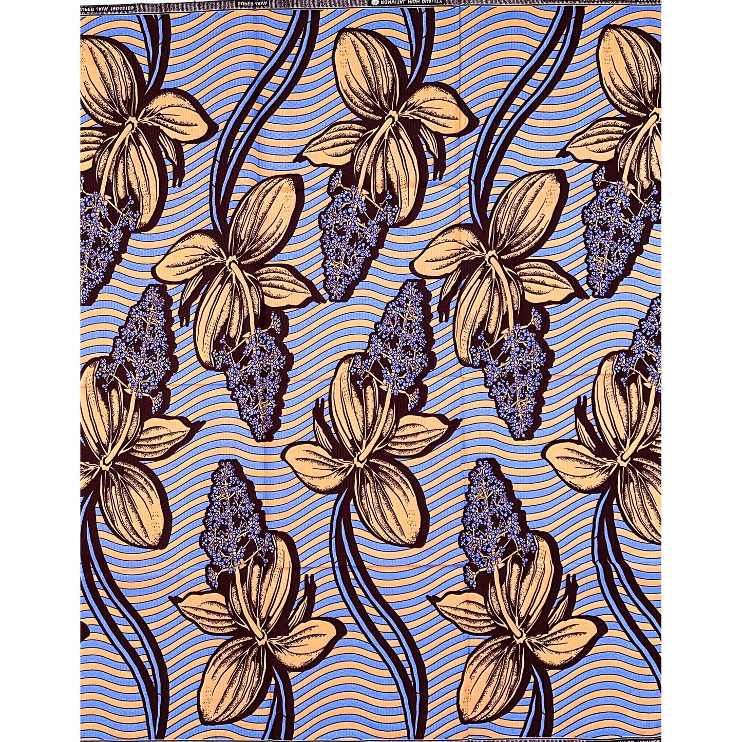 African Print Fabric/ Ankara - Apricot, Blue, Brown “Igi Aṣẹ Bloom” Design, YARD