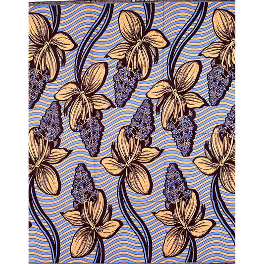 African Print Fabric/ Ankara - Apricot, Blue, Brown “Igi Aṣẹ Bloom” Design, YARD
