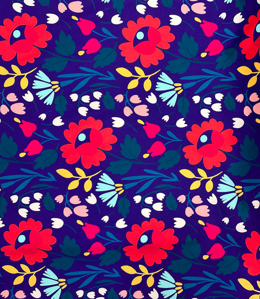 African Print, Stretch Cotton Satin Fabric- Midnight Purple, Green, Red, Yellow "Ìfẹ́ in Bloom" Per Yard