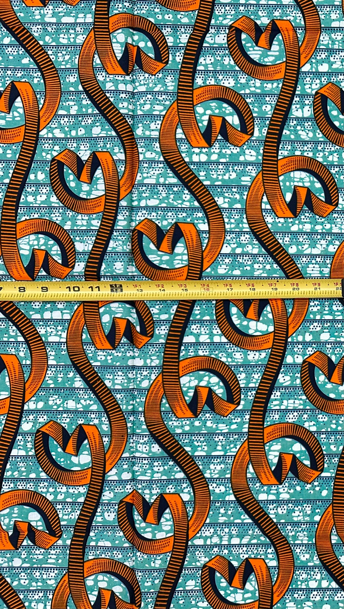 African Print Fabric/ Ankara - Green, Orange, Navy 'Dancing Before Dawn', 1 YARD