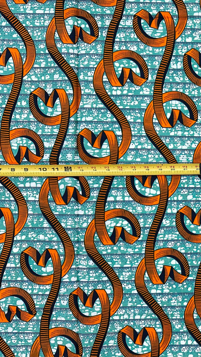 African Print Fabric/ Ankara - Green, Orange, Navy 'Dancing Before Dawn', 1 YARD