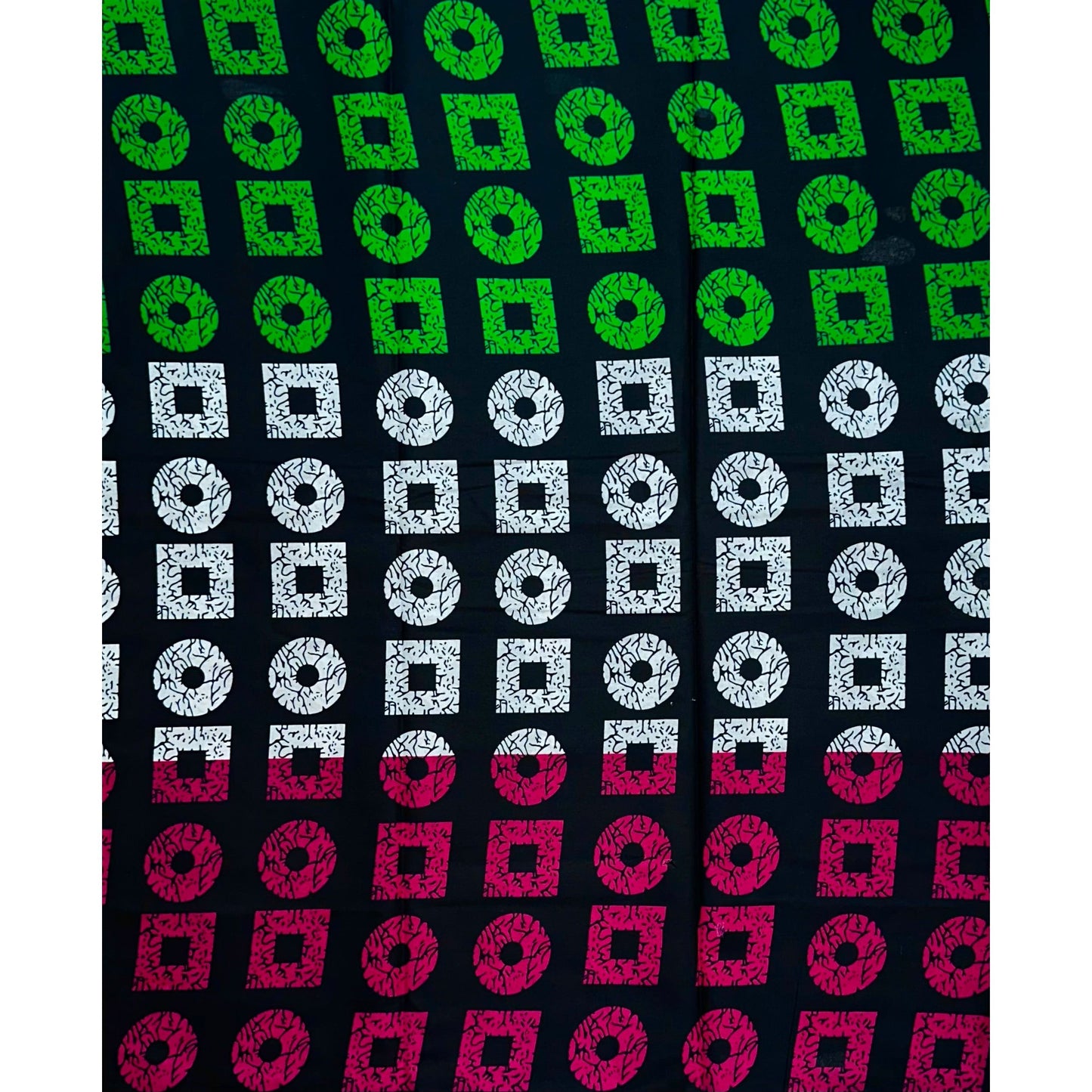 African Print Fabric/ Ankara - Magenta, Green, Black, White 'Shape Don Show' Design, YARD or WHOLESALE