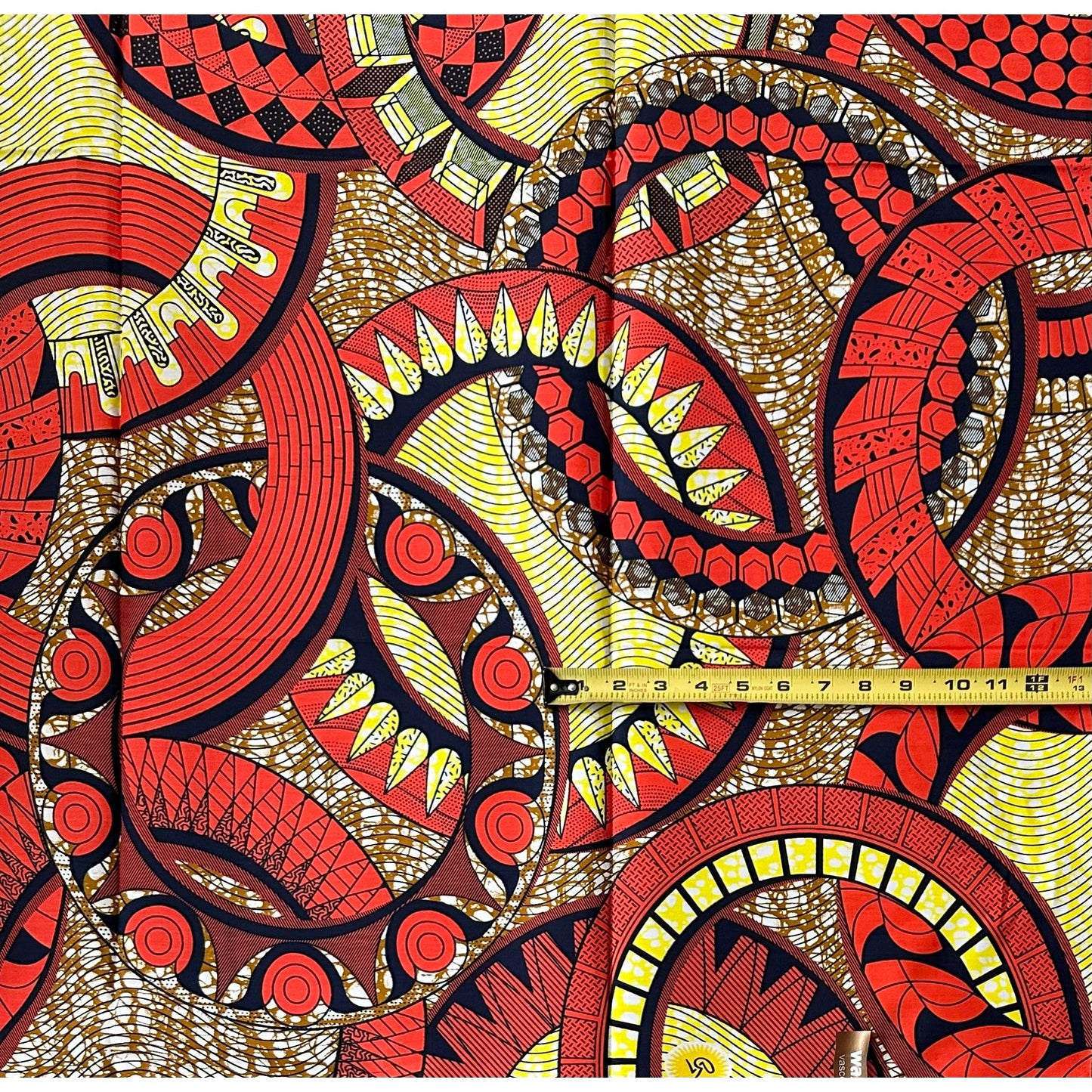 African Print Fabric/ Ankara - Coral, Brown, Yellow ‘Heirloom Rings' Design, 1 YARD