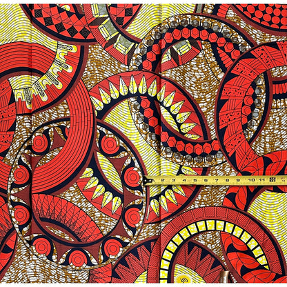 African Print Fabric/ Ankara - Coral, Brown, Yellow ‘Heirloom Rings' Design, 1 YARD