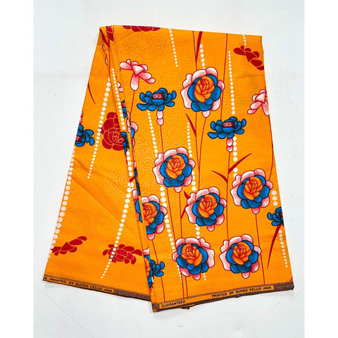 African Print Fabric/ Ankara - Orange, Red, Blue 'Floral Cascade', YARD or WHOLESALE