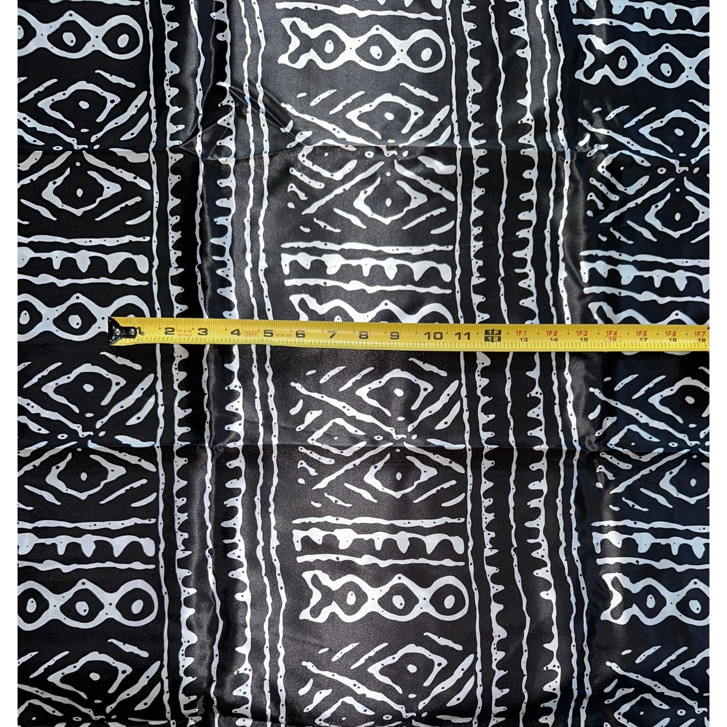 African Print, Satin Fabric - Black, White "Meroitic Chapter", Per Yard or Wholesale