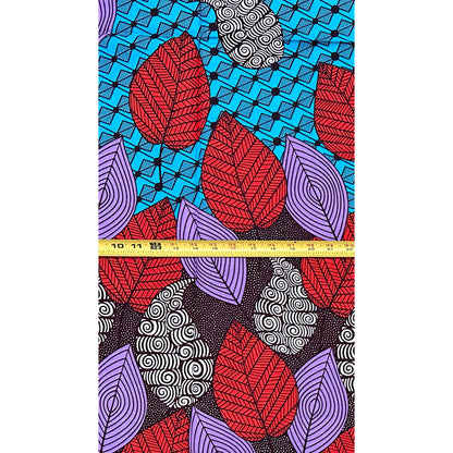 African Print Fabric/ Ankara - Blue, Purple, Red, Brown 'Gathered Leaves', 1 YARD