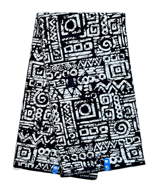 African Print Fabric/ Ankara - Black, White 'Marks Tell Stories' Design, YARD or WHOLESALE