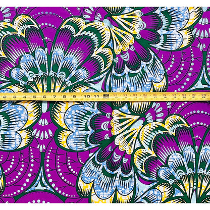African Print Fabric/ Ankara - Purple, Blue, Green, Yellow, Shimmering Blue 'Festival of Amethyst Blossoms’ YARD or WHOLESALE