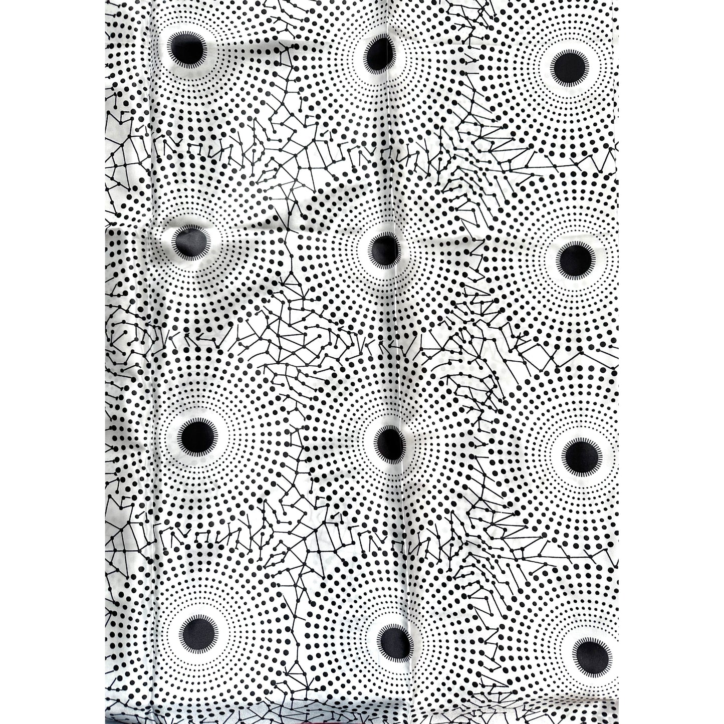 African Print, Satin Fabric- Black, White "Bullseye", Yard or Wholesale
