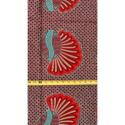 African Print Fabric/ Ankara - Teal, Red, Brown "Chieftain", 1 YARD