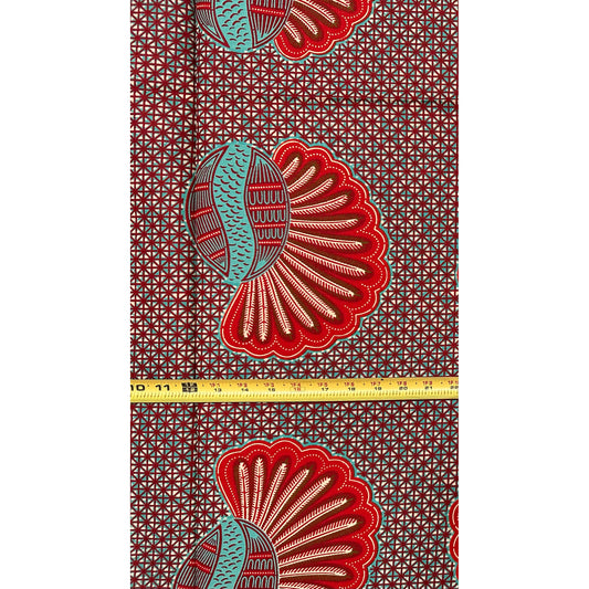 African Print Fabric/ Ankara - Teal, Red, Brown "Chieftain", 1 YARD