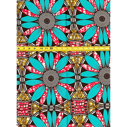 African Print Fabric/ Ankara - Blue, Brown, Pink ‘Kinetic Flower ' Design, 1 YARD