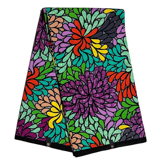 African Print Fabric/ Ankara - Turquoise, Orange, Purple, Green, Yellow, Gray 'Omolara Bloom' Design, YARD or WHOLESALE