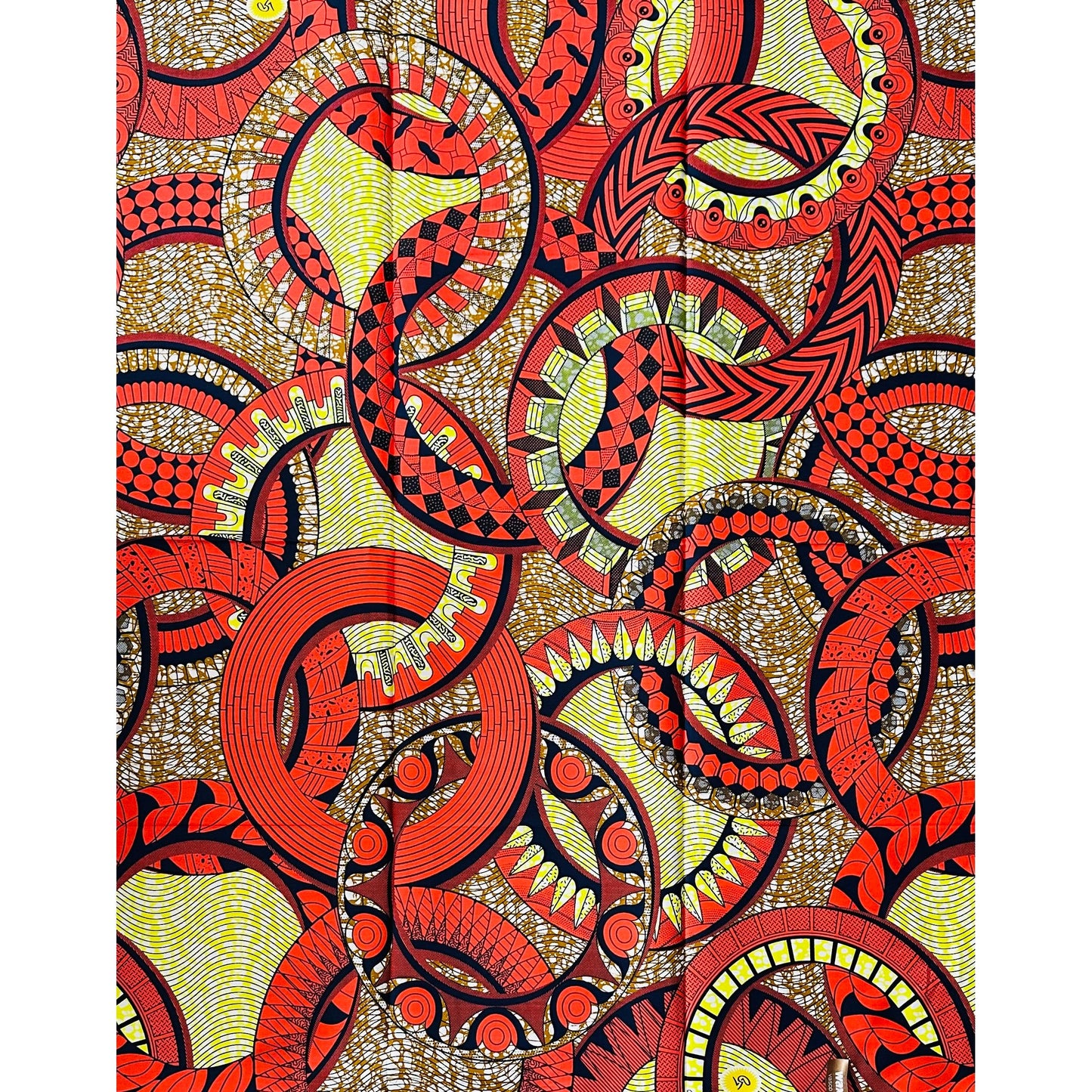 African Print Fabric/ Ankara - Coral, Brown, Yellow ‘Heirloom Rings' Design, 1 YARD
